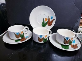 3 Vintage Salt Glaze Handpainted Floral Oversize Soup Coffee Mug &amp; Saucer Sets - £18.68 GBP