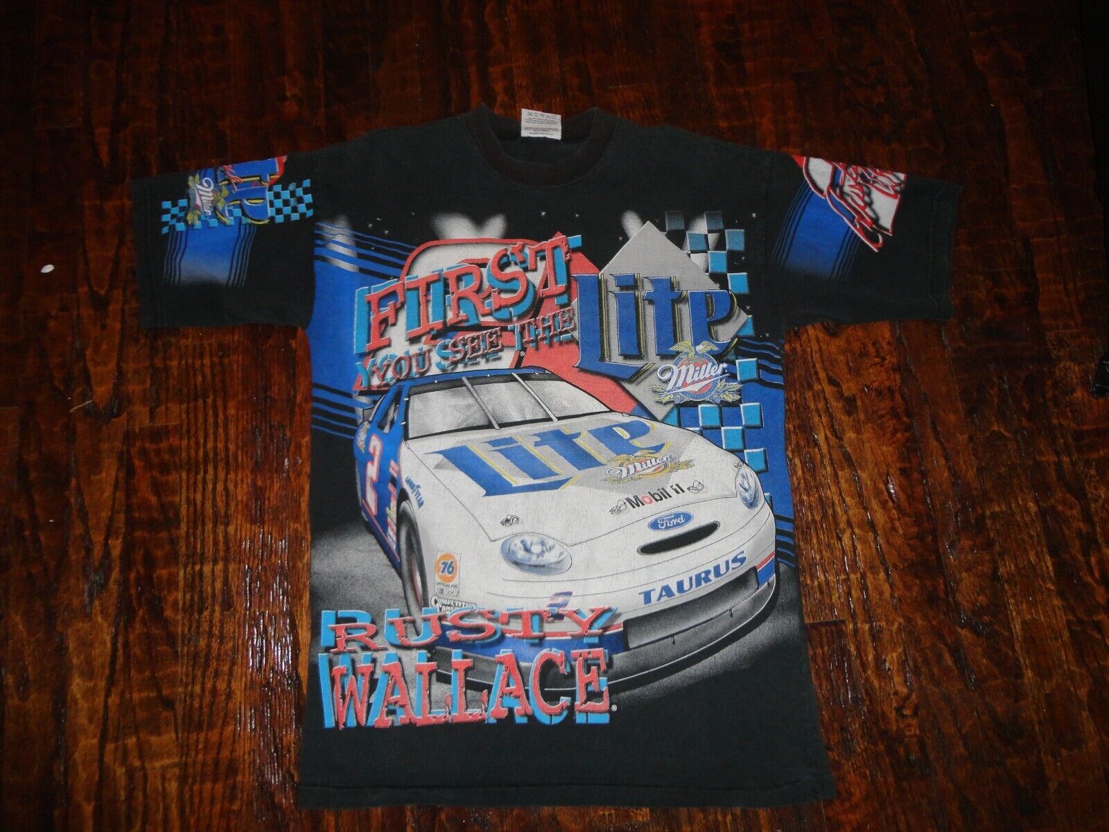 Primary image for Vintage Rusty Wallace Shirt Mens Large Black All Over Print Nascar Miller Lite
