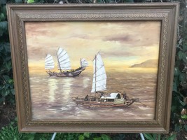 J Bailey Original 1950s Mid Century Modern Harbor Seascape Vintage Oil Canvas - £629.08 GBP