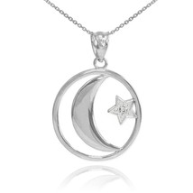 925 Sterling Silver Crescent Moon with CZ Star Islamic Pendant Necklace - £25.33 GBP+