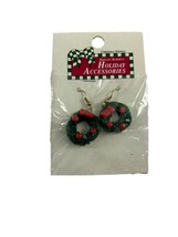 Vintage 1993 Christmas Notions Holiday Wreath Dangle Earrings Green Red - £9.30 GBP