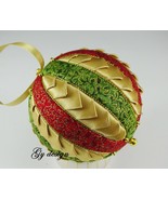 Traditional Striped Quilted Christmas Tree Ornament Red Green Gold Decor... - £21.90 GBP