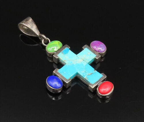 Primary image for 925 Silver - Vintage Multi Color Turquoise & Stones Cross Pendant - PT21321