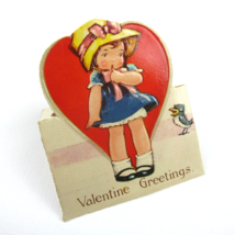 Vintage Valentine Card Cutout Stand Up Girl Straw Hat Blue Dress Bird UNSIGNED - £6.25 GBP