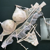 Victoria&#39;s Secret 32DD, 34B Reggiseno Set + Giarrettiera + S Tanga Rete Oro Rosa - £100.97 GBP