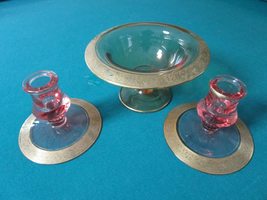 Early 20TH Cent HEISEY Amber Pink Glass Encrusted Gold Rim Compote Candleholder - £90.66 GBP