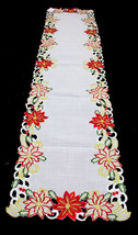 Saro Embroidered and Cutwork Poinsettia Table Runner Ivory 16x72 inches - £14.79 GBP