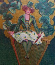 St Patrick&#39;s Day Postcard Erin Go Bragh Women Sits On Giant Harp Carmel IND 1910 - £17.08 GBP