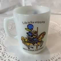 Vintage Anchor Hocking Milk Glass Holly Hobbie Mug Life Is For Enjoying ... - $8.00