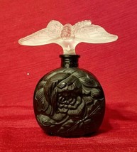 Czech Black Molded Flower Perfume Bottle, Figural Butterfly Stopper, Irice 1920s - £592.62 GBP