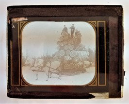 1930s antique GLASS SLIDE photograph LOGGING snow HORSE SLEIGH men magic... - £33.10 GBP