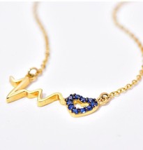 14K Gold Love Lifeline Necklace, 925 Silver, gift, chain, tiny, blue heart, gems - £39.27 GBP