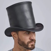 Stovepiper Mens 100% Genuine Leather Stovepipe Top Hat Tall 6.5&quot; Crown C... - £48.61 GBP+