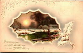 Greetings For Christmas Fishing Scene 1910s Postcard Meissner Highest Award H31 - £4.55 GBP