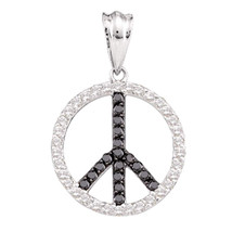 14k White Gold Womens Black Color Enhanced Diamond Peace Sign Circle Pendant - £493.35 GBP