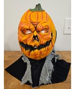 Halloween Demonic Pumpkin Mask Jack O Lantern w/ Black Hood Vintage - £21.69 GBP