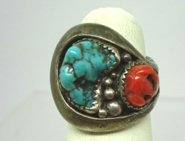 Old Pawn Native American Navajo Sterling Silver Turquoise Coral Nugget Ring, CP  - £219.82 GBP