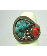 Old Pawn Native American Navajo Sterling Silver Turquoise Coral Nugget R... - £219.54 GBP