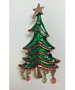 Enameled Christmas Tree Pin Brooch with Ornament Bead Dangles  - £18.06 GBP