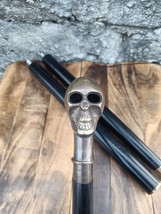 Wooden Black Walking Stick Brass Antique Skull Head Handle for Shaft Solid Cane - £32.42 GBP