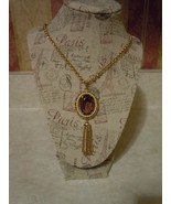 Victorian Style Pendant Necklace Amethyst Color Stone w Faux Pearls Tass... - $19.99