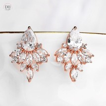 CZ Crystal Bridal Stud Earrings, Sparkly CZ Cluster Earrings, Rose Gold Bridal E - £31.38 GBP