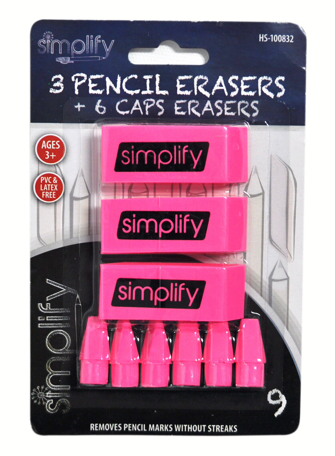 Simplify 3 Pink Pencil Erasers and 6 Cap Erasers - $3.95