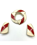 Vintage Trifari Red Cream Enamel Demi-Parure Brooch &amp; Clip-On Earrings Set - $18.00