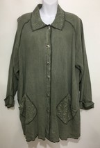 J. Jill M Sage Green Linen Unlined Swing Blazer Jacket Embroidered Roomy - £29.54 GBP