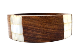 Vintage Wooden Mother Of Pearl Inlay Wide Bangle Bracelet - £17.35 GBP