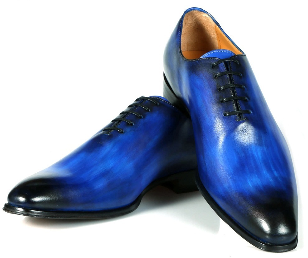 New Men Black Burnished Toe Blue Derby Lace Up Genuine Real Leather Shoes