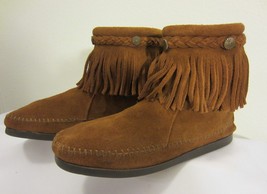 Minnetonka Moccasin Brown Suede Fringe Hippy Boho Back Zip Ankle Boots 6 - $79.99