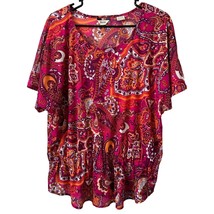 Bass Womens Blouse XL Extra Large Peplum Polyester Pink Orange Floral Paisley - £7.08 GBP