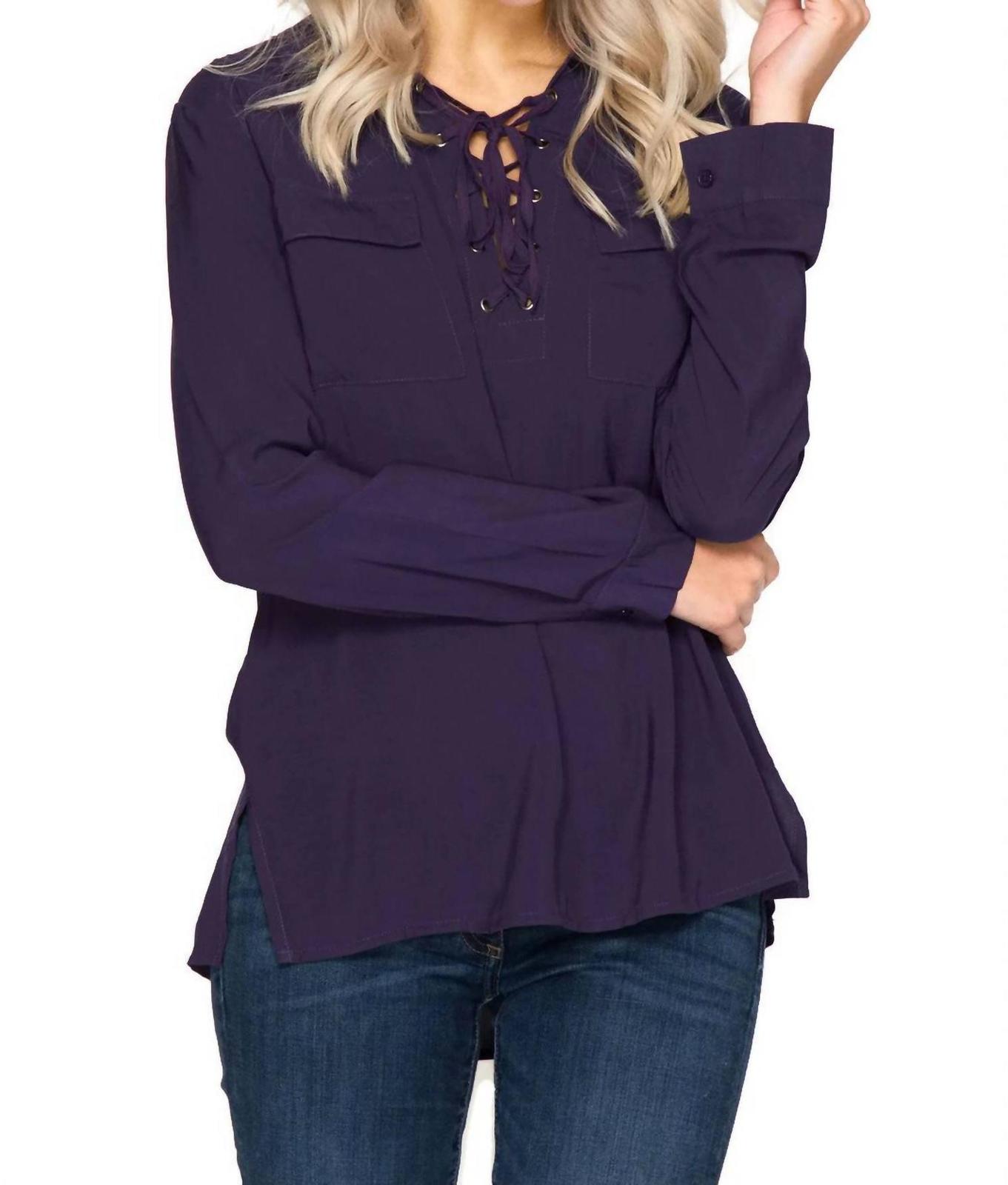 She + Sky Lace Up Shirt Purple - $34.00
