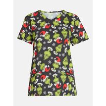 Dr. Seuss Grinch Women's Print V Neck Scrub Top, Black Size S - $19.79