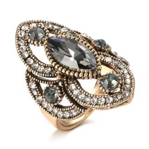 Unique Gray Crystal Ring For Women Party Accessories Antique Gold Color Vintage  - £7.18 GBP