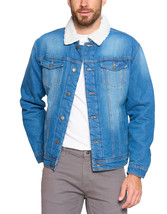 Men’s Sherpa Lined Cotton Denim Jean Button Up Trucker Jacket (Dark Blue, Small) - $33.60