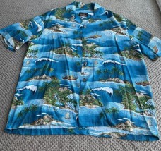 Paradise on A Hanger Men Hawaiian Button Up XL Shirt Blue Island with Pa... - £32.86 GBP