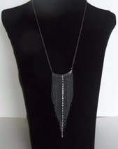 Fringe Necklace 23&quot; Metal Chains Clear Rhinestone Center 5.75&quot; V Shape Gray - $17.72