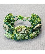 Multistrand Cuff Beaded Bracelet Green Seed Beads &amp; Natural Stone Chips ... - £15.58 GBP