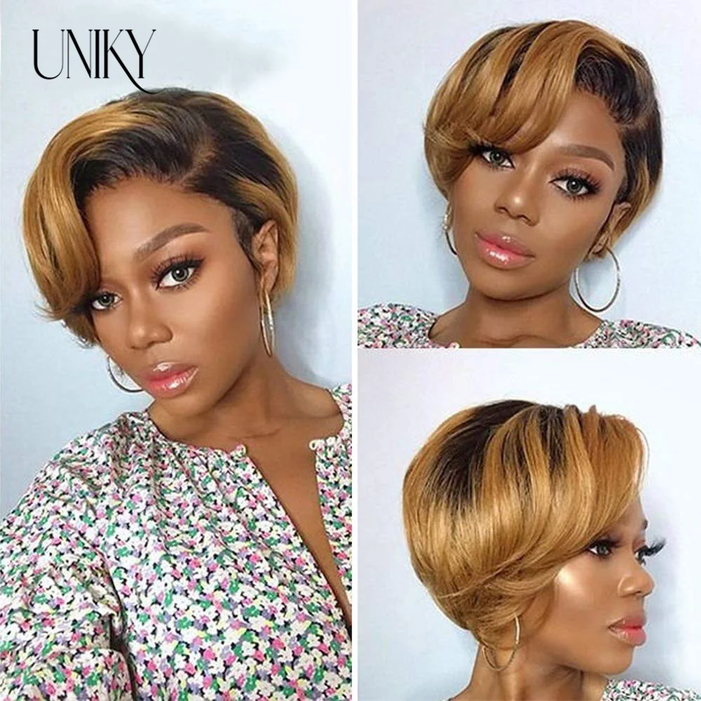 Ombre Blonde Short Bob Pixie Cut Wig Straight Human Hair Wigs T Part Transpare - £41.41 GBP