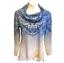 Medium One World Sweater Top Blue Gray Paisley Boho Cowl Neck Asymmetric... - $21.49