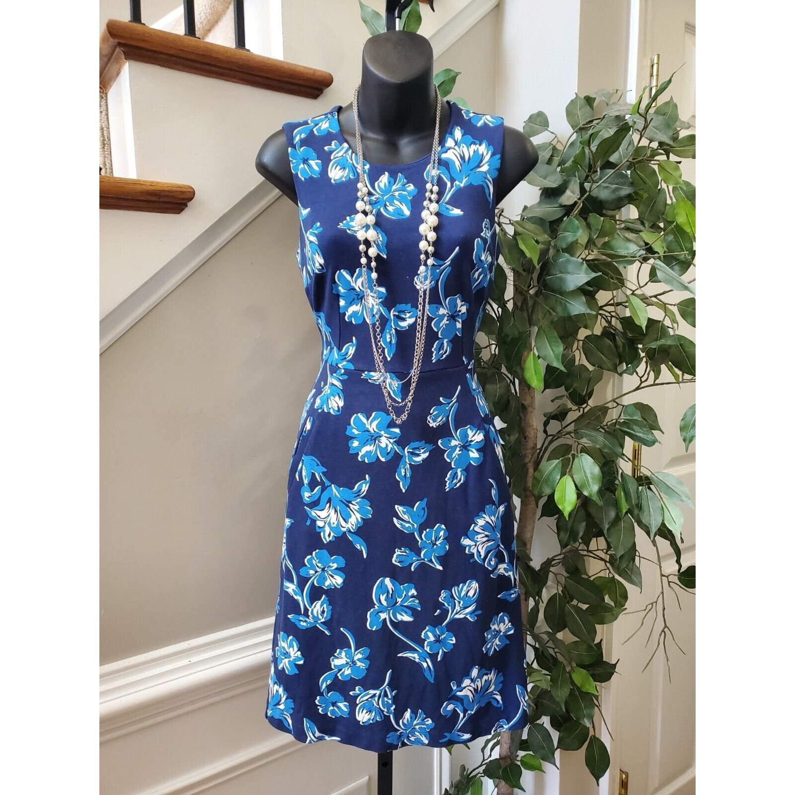 Lands' End Women Blue Floral Polyester Round Neck Sleeveless Knee Length Dress 2 Item image 8