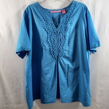Woman Within Sz 3X Blue Crochet Lace Front Cap Sleeve Pull-Over Blouse - £11.18 GBP