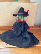 Vintage Bright Green Rubber Faced Halloween Witch Doll w Blinking Eyes &amp; Black &amp; - £15.49 GBP
