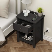 Choochoo Nightstand With Charging Station, Wooden Top Bedside Table With, Black - £78.23 GBP