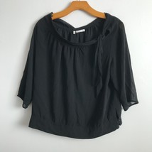 Austin Reed Silk Shirt M EU40 Black Satin 3/4 Long Sleeve Tie Neck Pullo... - $22.98