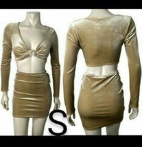 Gold Champagne Tan Velvet Long Sleeve Crop Top &amp; Mini Skirt Set~ SIZE S - £28.40 GBP