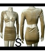 Gold Champagne Tan Velvet Long Sleeve Crop Top &amp; Mini Skirt Set~ SIZE S - £27.94 GBP