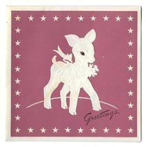 VINTAGE 1940s WWII ERA Christmas Greeting Holiday Card EMBOSSED DEER &amp; S... - $14.84